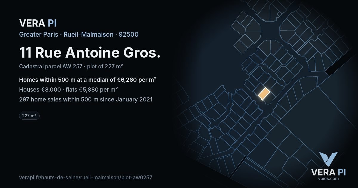11 Rue Antoine Gros, Rueil-Malmaison at night – the plot lit, the parcels around coloured by the prices near them