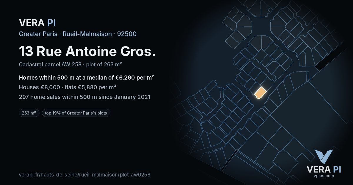 13 Rue Antoine Gros, Rueil-Malmaison at night – the plot lit, the parcels around coloured by the prices near them