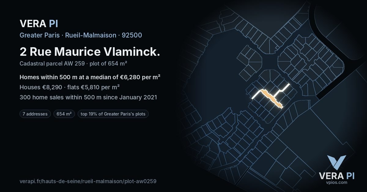 2 Rue Maurice Vlaminck, Rueil-Malmaison at night – the plot lit, the parcels around coloured by the prices near them