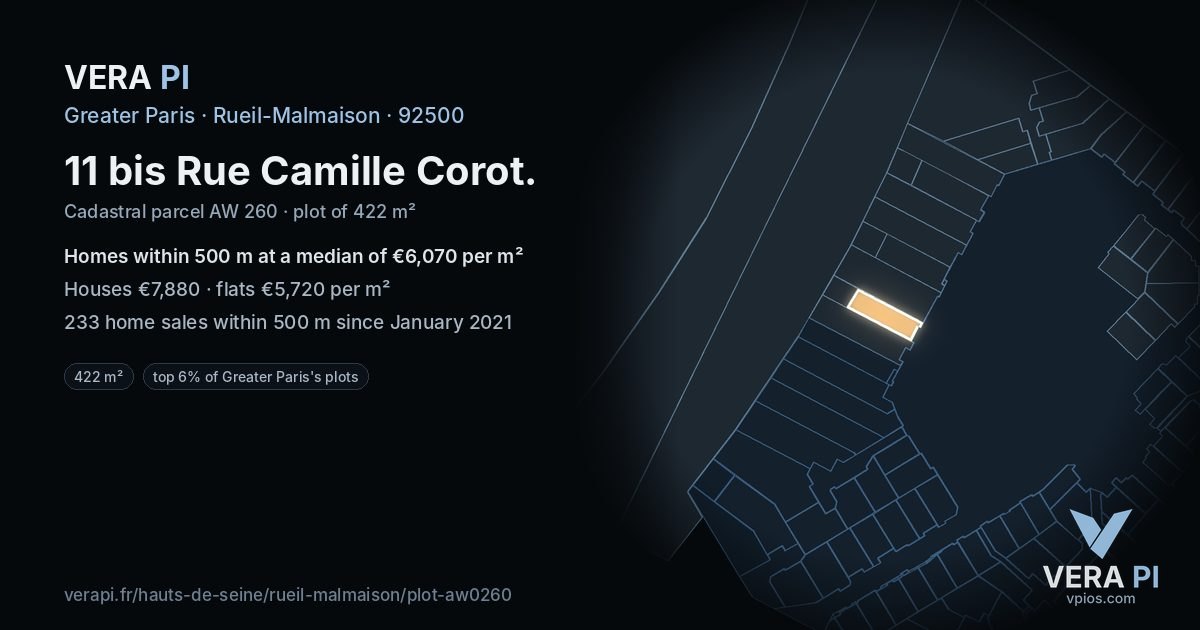 11 bis Rue Camille Corot, Rueil-Malmaison at night – the plot lit, the parcels around coloured by the prices near them