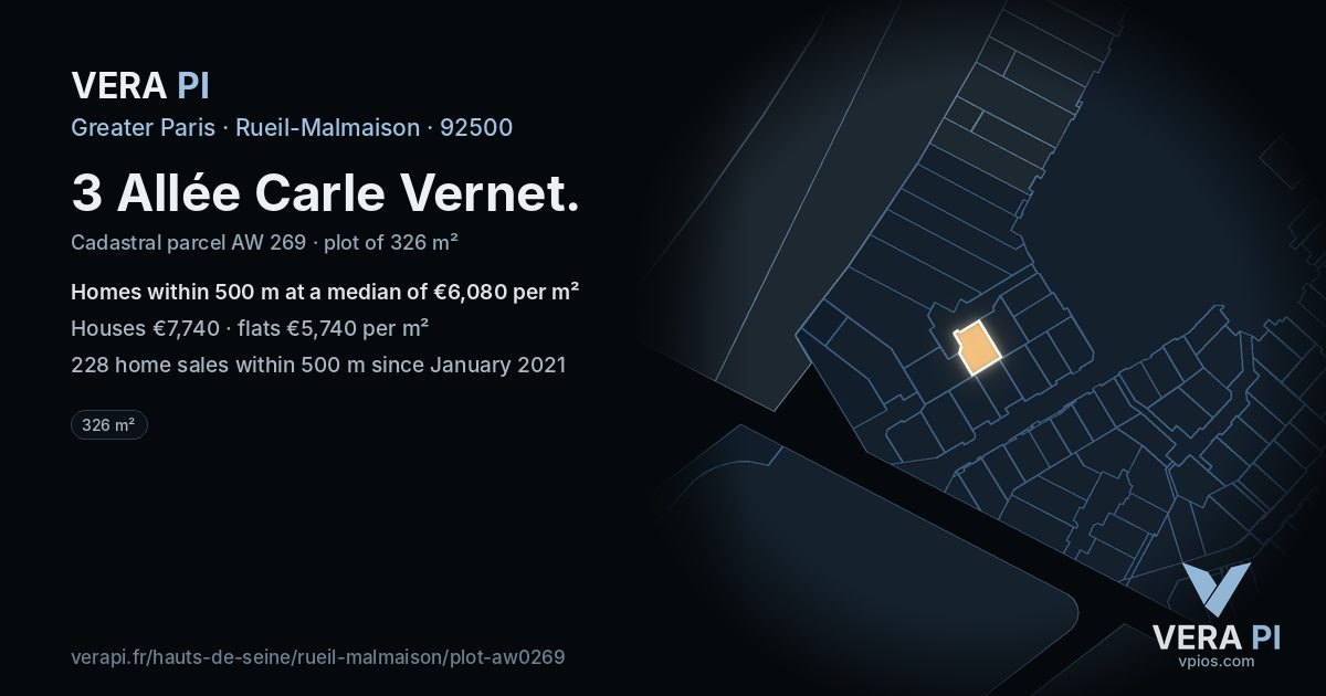 3 Allée Carle Vernet, Rueil-Malmaison at night – the plot lit, the parcels around coloured by the prices near them