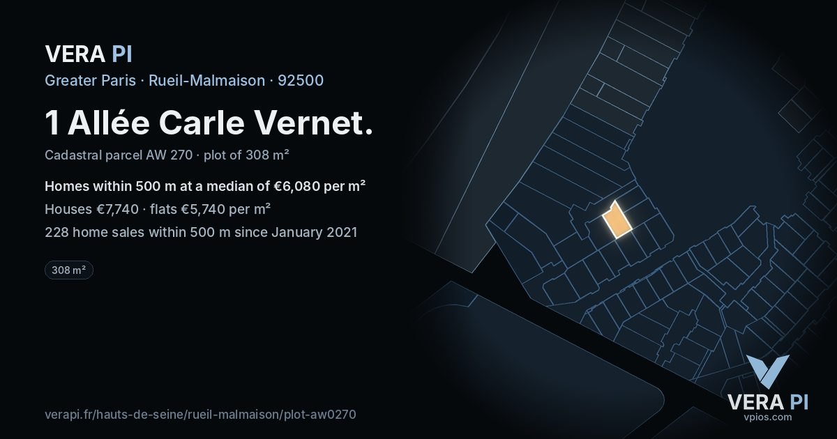 1 Allée Carle Vernet, Rueil-Malmaison at night – the plot lit, the parcels around coloured by the prices near them