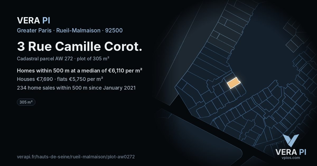 3 Rue Camille Corot, Rueil-Malmaison at night – the plot lit, the parcels around coloured by the prices near them