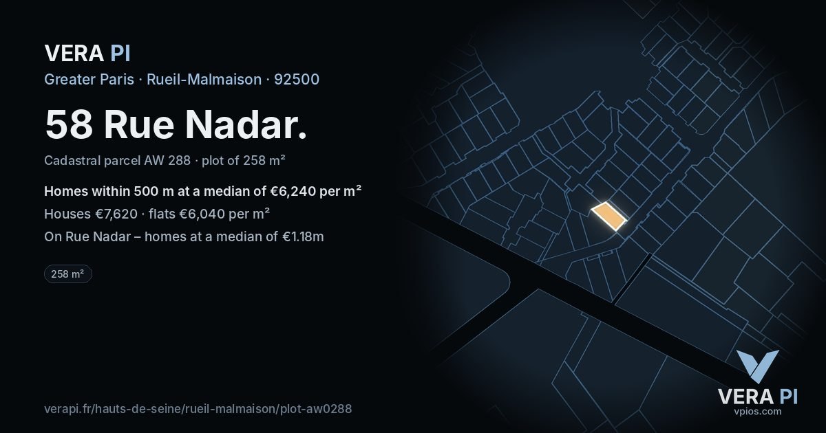 58 Rue Nadar, Rueil-Malmaison at night – the plot lit, the parcels around coloured by the prices near them