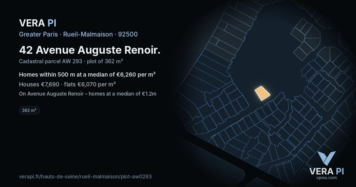 42 Avenue Auguste Renoir, Rueil-Malmaison at night – the plot lit, the parcels around coloured by the prices near them