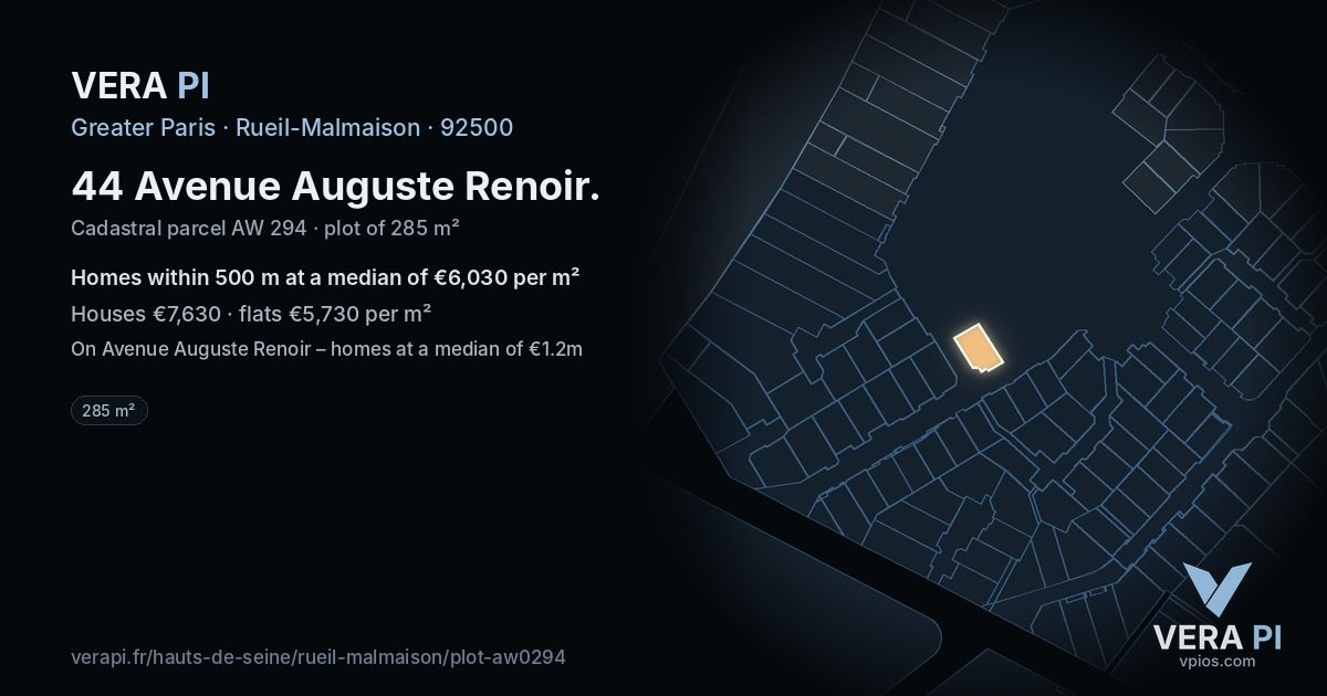 44 Avenue Auguste Renoir, Rueil-Malmaison at night – the plot lit, the parcels around coloured by the prices near them