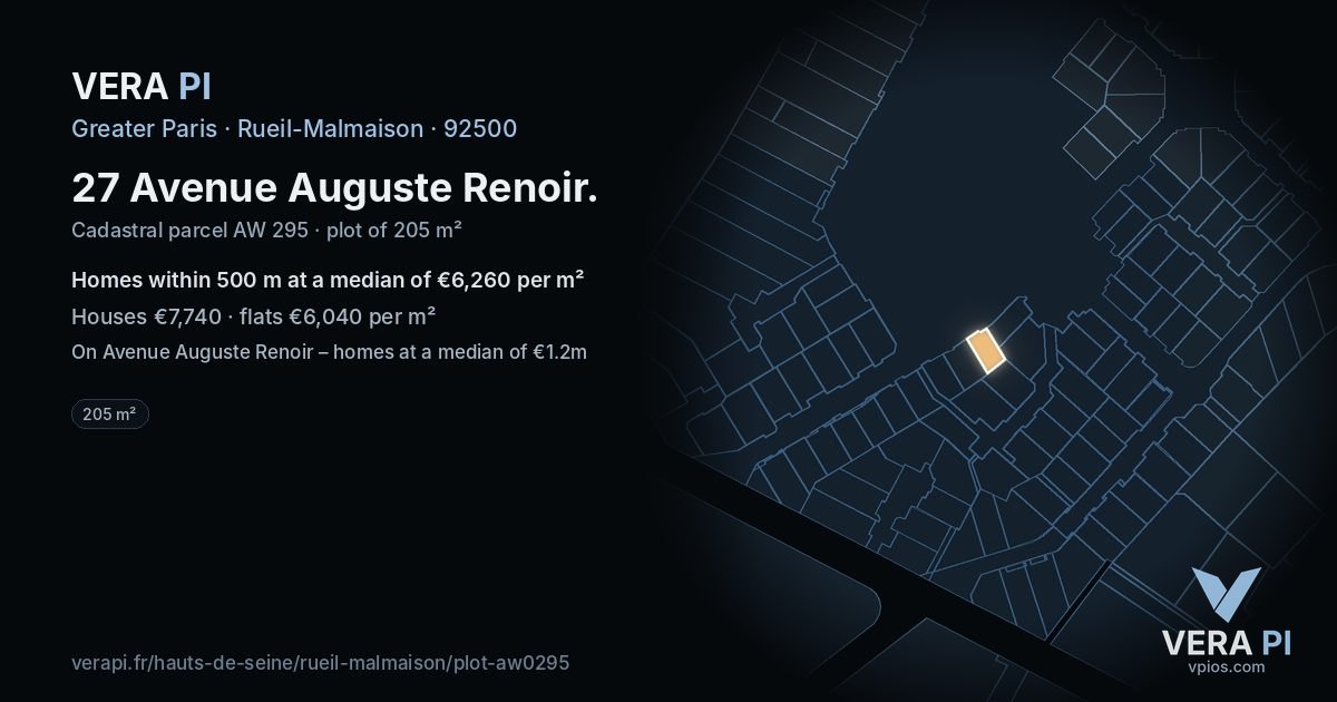27 Avenue Auguste Renoir, Rueil-Malmaison at night – the plot lit, the parcels around coloured by the prices near them