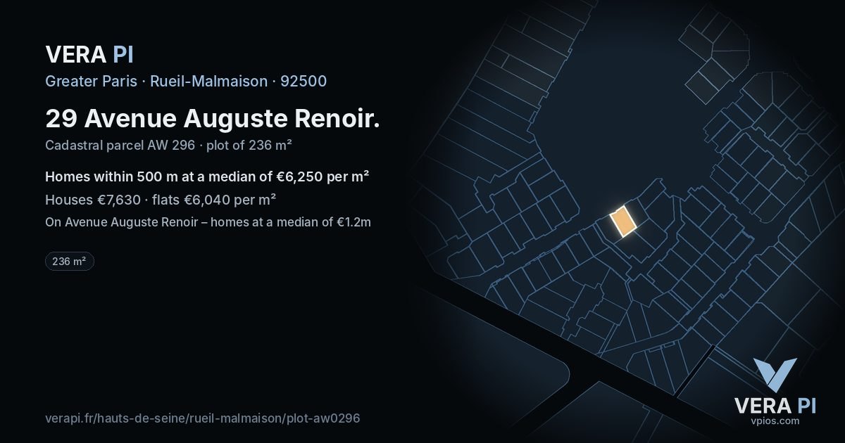 29 Avenue Auguste Renoir, Rueil-Malmaison at night – the plot lit, the parcels around coloured by the prices near them