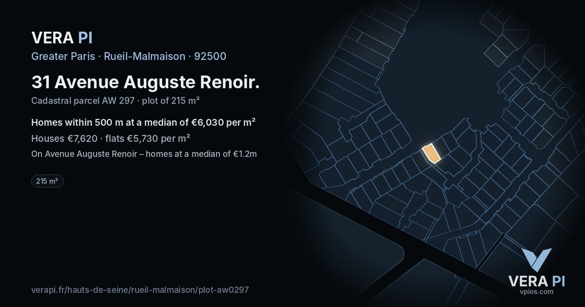 31 Avenue Auguste Renoir, Rueil-Malmaison at night – the plot lit, the parcels around coloured by the prices near them