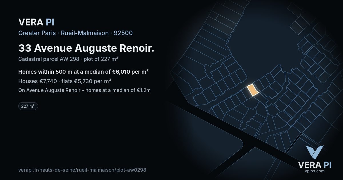 33 Avenue Auguste Renoir, Rueil-Malmaison at night – the plot lit, the parcels around coloured by the prices near them