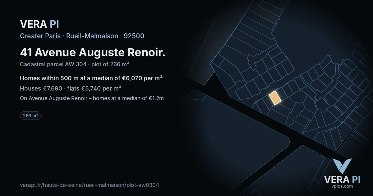 41 Avenue Auguste Renoir, Rueil-Malmaison at night – the plot lit, the parcels around coloured by the prices near them