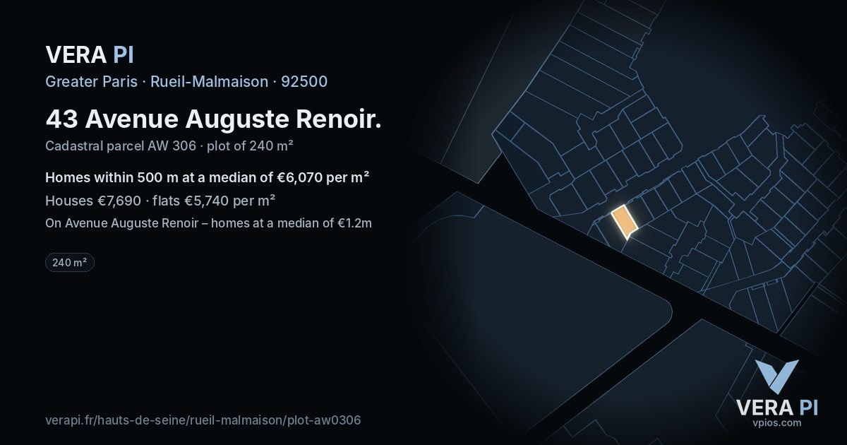 43 Avenue Auguste Renoir, Rueil-Malmaison at night – the plot lit, the parcels around coloured by the prices near them