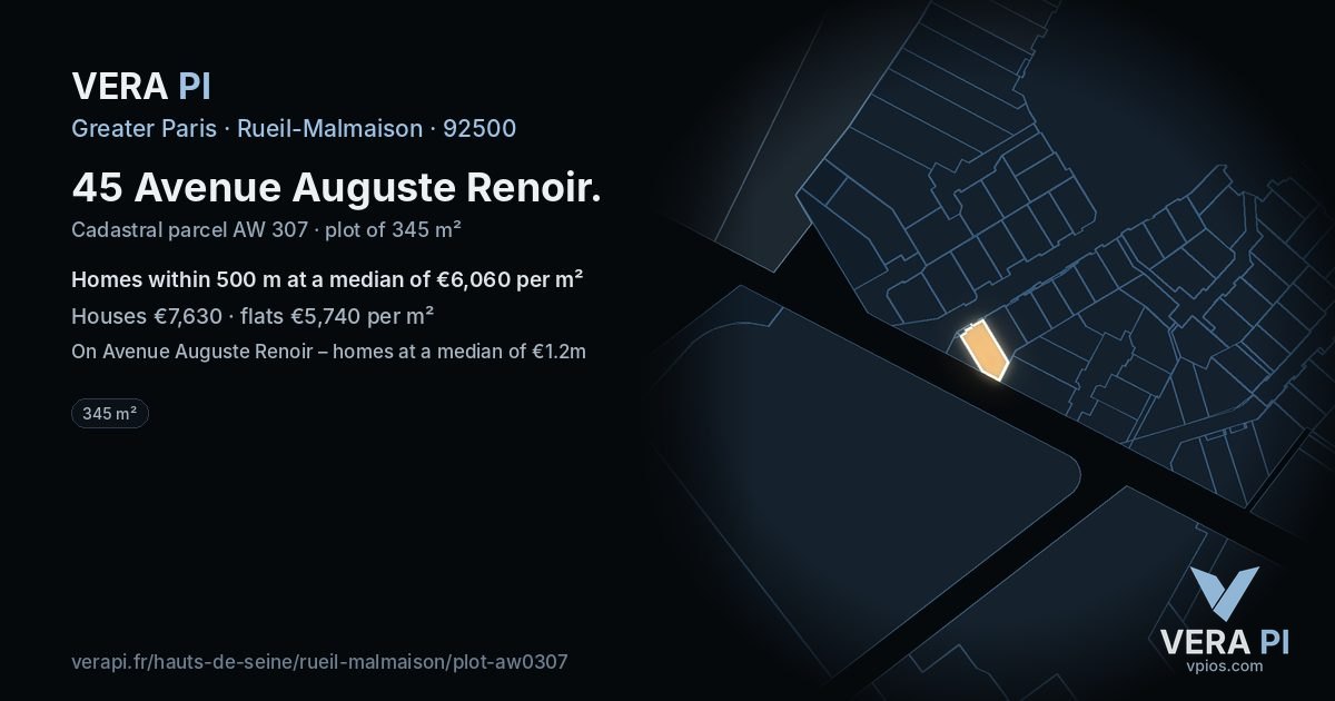 45 Avenue Auguste Renoir, Rueil-Malmaison at night – the plot lit, the parcels around coloured by the prices near them