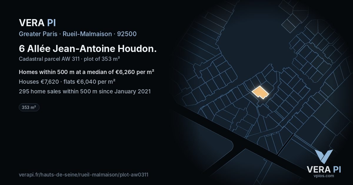 6 Allée Jean-Antoine Houdon, Rueil-Malmaison at night – the plot lit, the parcels around coloured by the prices near them