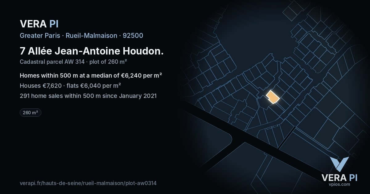 7 Allée Jean-Antoine Houdon, Rueil-Malmaison at night – the plot lit, the parcels around coloured by the prices near them
