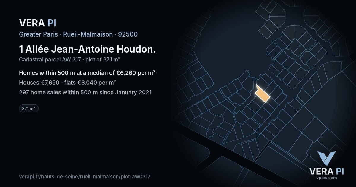 1 Allée Jean-Antoine Houdon, Rueil-Malmaison at night – the plot lit, the parcels around coloured by the prices near them