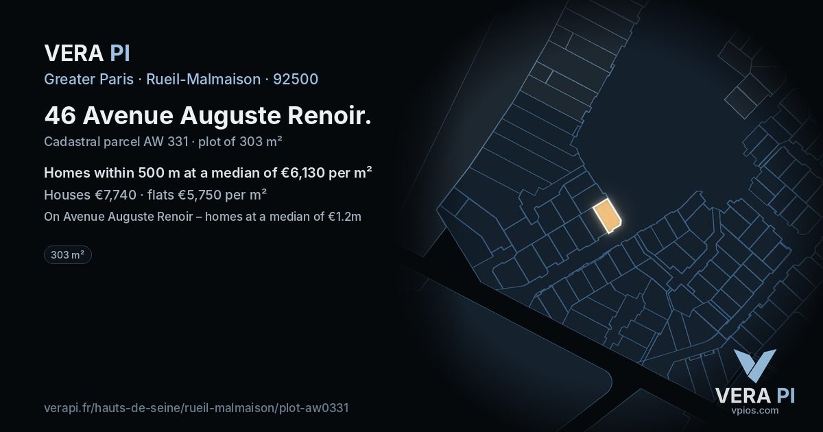 46 Avenue Auguste Renoir, Rueil-Malmaison at night – the plot lit, the parcels around coloured by the prices near them