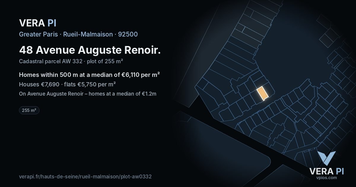 48 Avenue Auguste Renoir, Rueil-Malmaison at night – the plot lit, the parcels around coloured by the prices near them