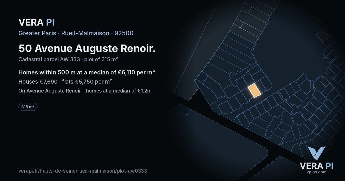 50 Avenue Auguste Renoir, Rueil-Malmaison at night – the plot lit, the parcels around coloured by the prices near them