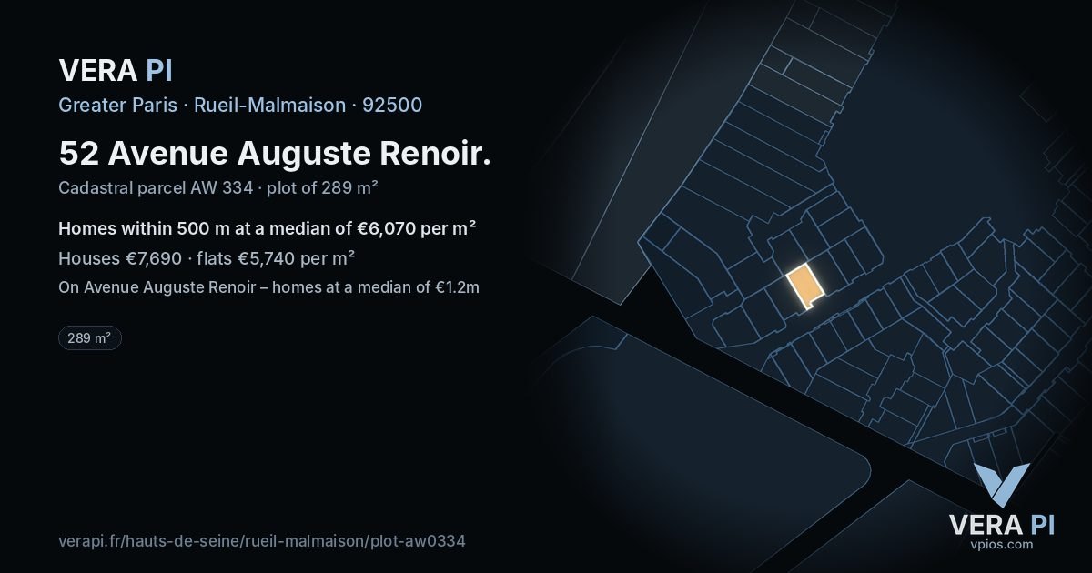 52 Avenue Auguste Renoir, Rueil-Malmaison at night – the plot lit, the parcels around coloured by the prices near them