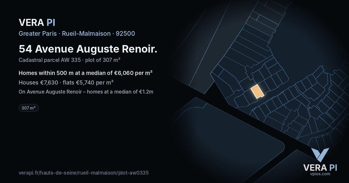 54 Avenue Auguste Renoir, Rueil-Malmaison at night – the plot lit, the parcels around coloured by the prices near them