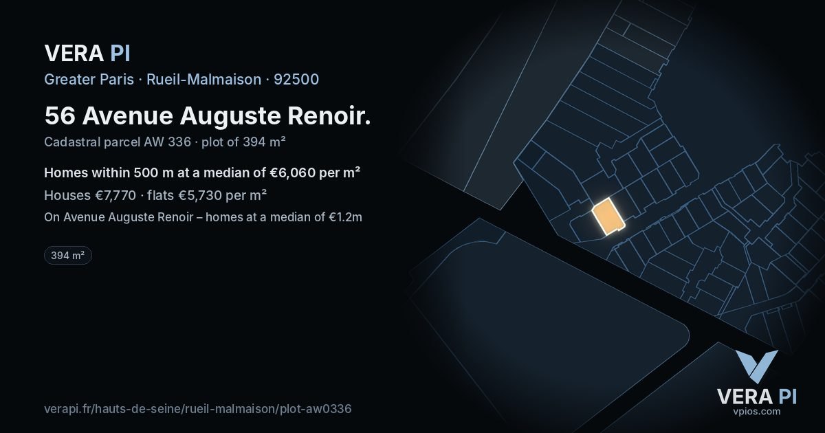 56 Avenue Auguste Renoir, Rueil-Malmaison at night – the plot lit, the parcels around coloured by the prices near them