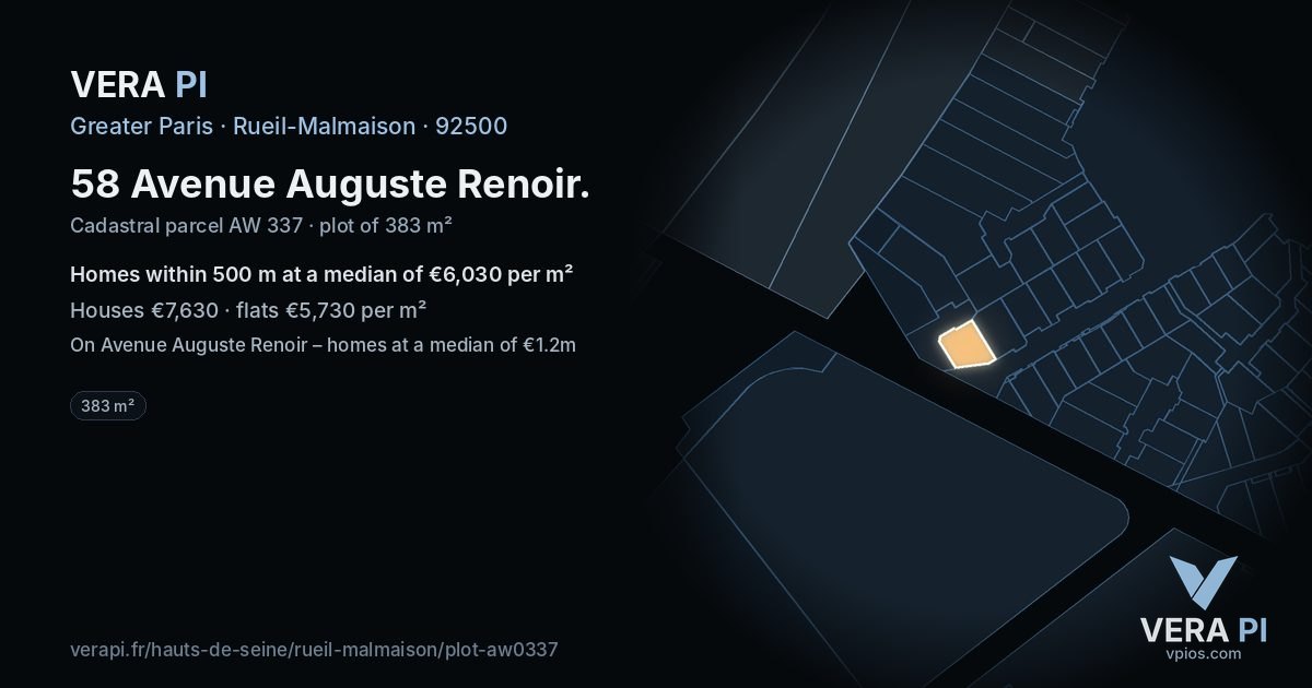 58 Avenue Auguste Renoir, Rueil-Malmaison at night – the plot lit, the parcels around coloured by the prices near them