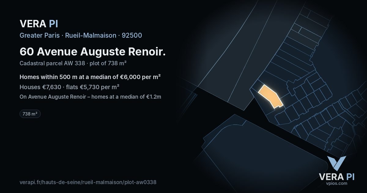 60 Avenue Auguste Renoir, Rueil-Malmaison at night – the plot lit, the parcels around coloured by the prices near them