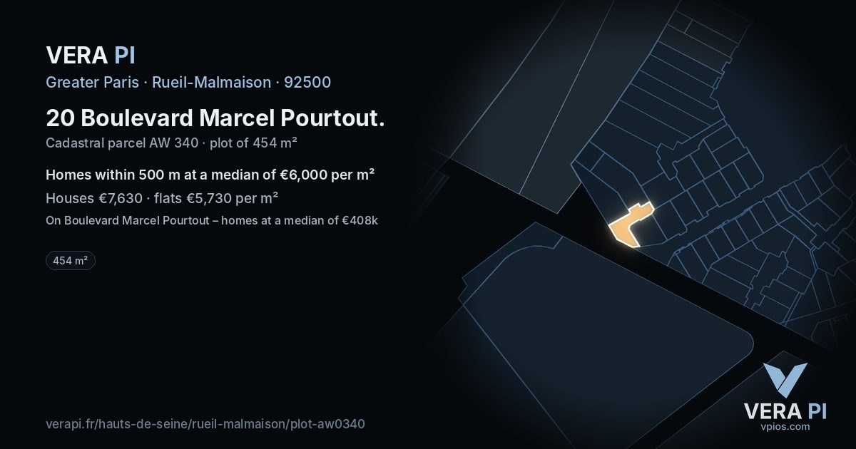 20 Boulevard Marcel Pourtout, Rueil-Malmaison at night – the plot lit, the parcels around coloured by the prices near them