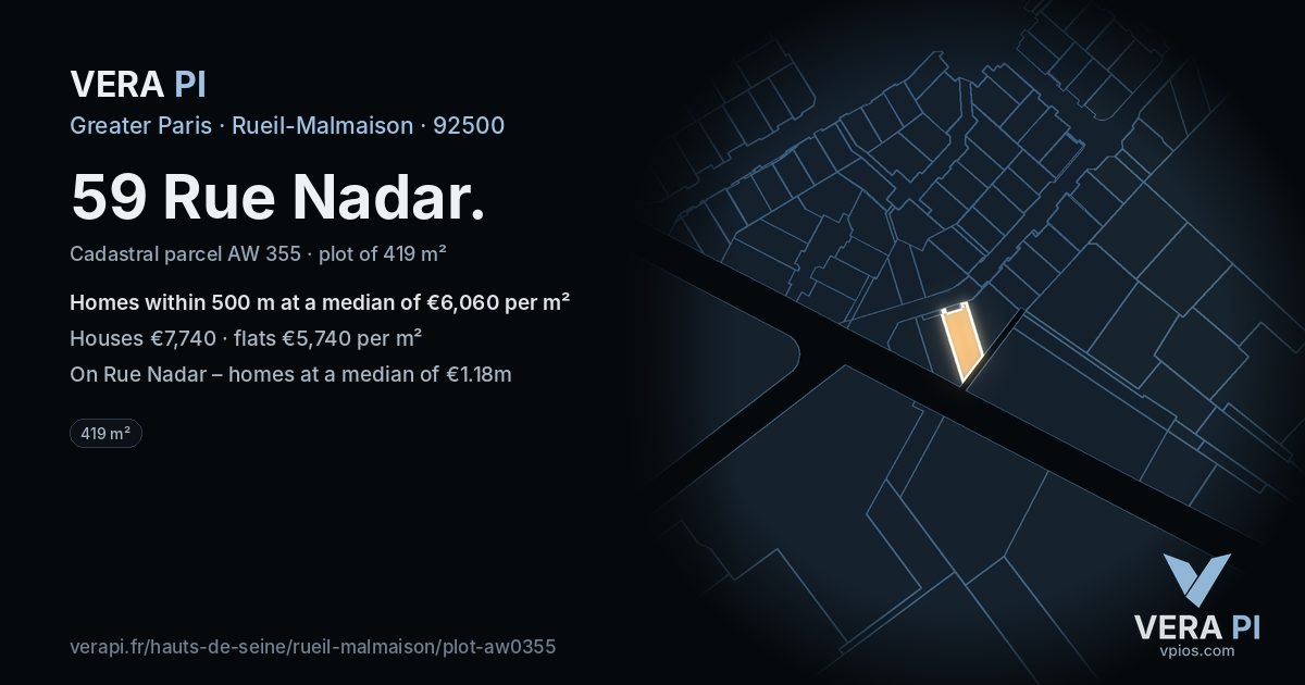 59 Rue Nadar, Rueil-Malmaison at night – the plot lit, the parcels around coloured by the prices near them