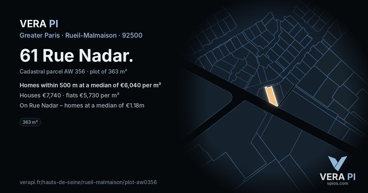 61 Rue Nadar, Rueil-Malmaison at night – the plot lit, the parcels around coloured by the prices near them