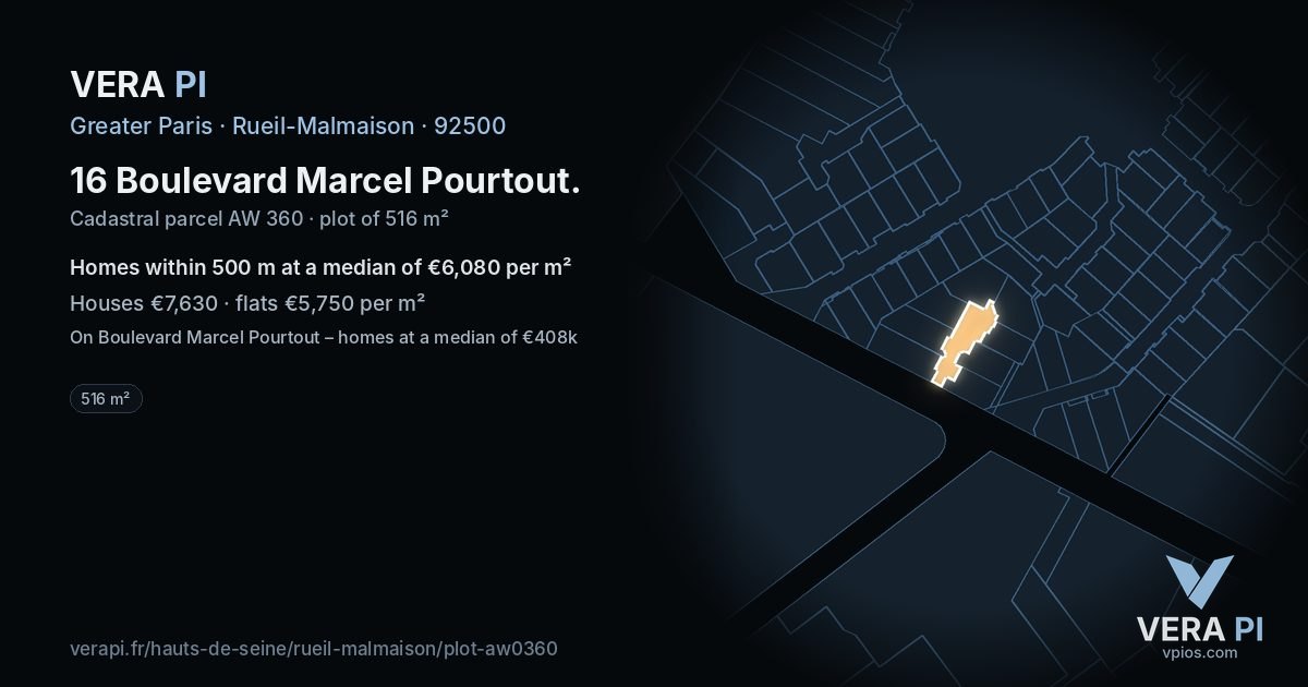 16 Boulevard Marcel Pourtout, Rueil-Malmaison at night – the plot lit, the parcels around coloured by the prices near them