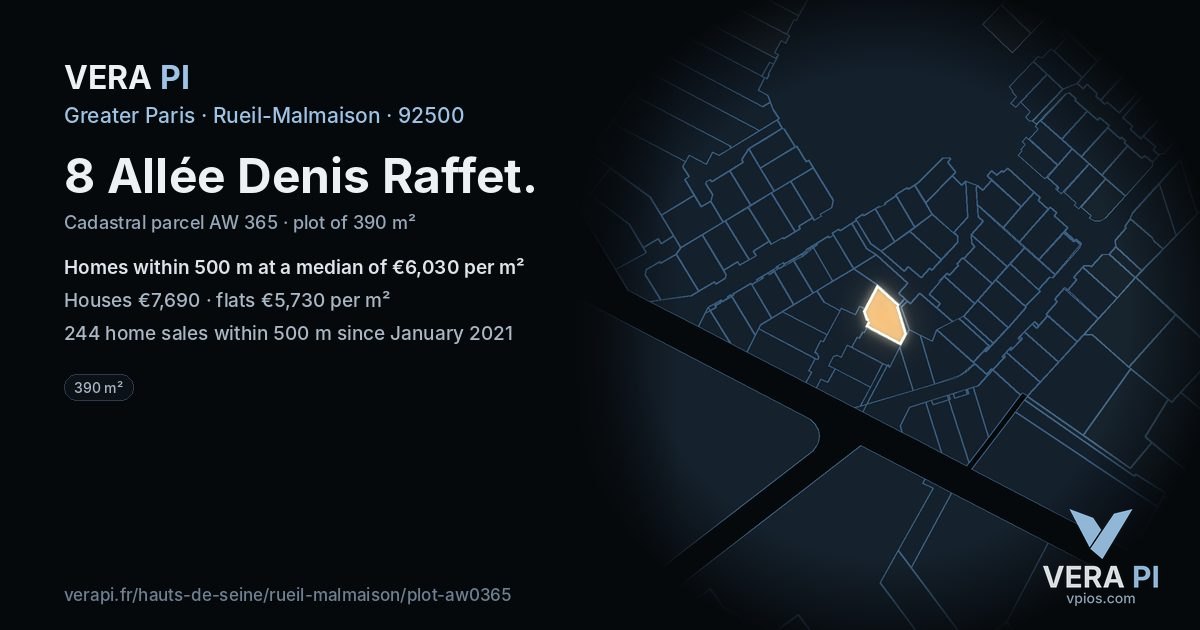 8 Allée Denis Raffet, Rueil-Malmaison at night – the plot lit, the parcels around coloured by the prices near them