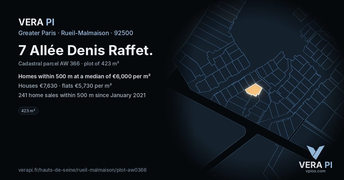 7 Allée Denis Raffet, Rueil-Malmaison at night – the plot lit, the parcels around coloured by the prices near them