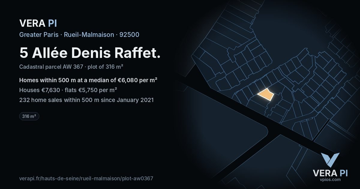 5 Allée Denis Raffet, Rueil-Malmaison at night – the plot lit, the parcels around coloured by the prices near them
