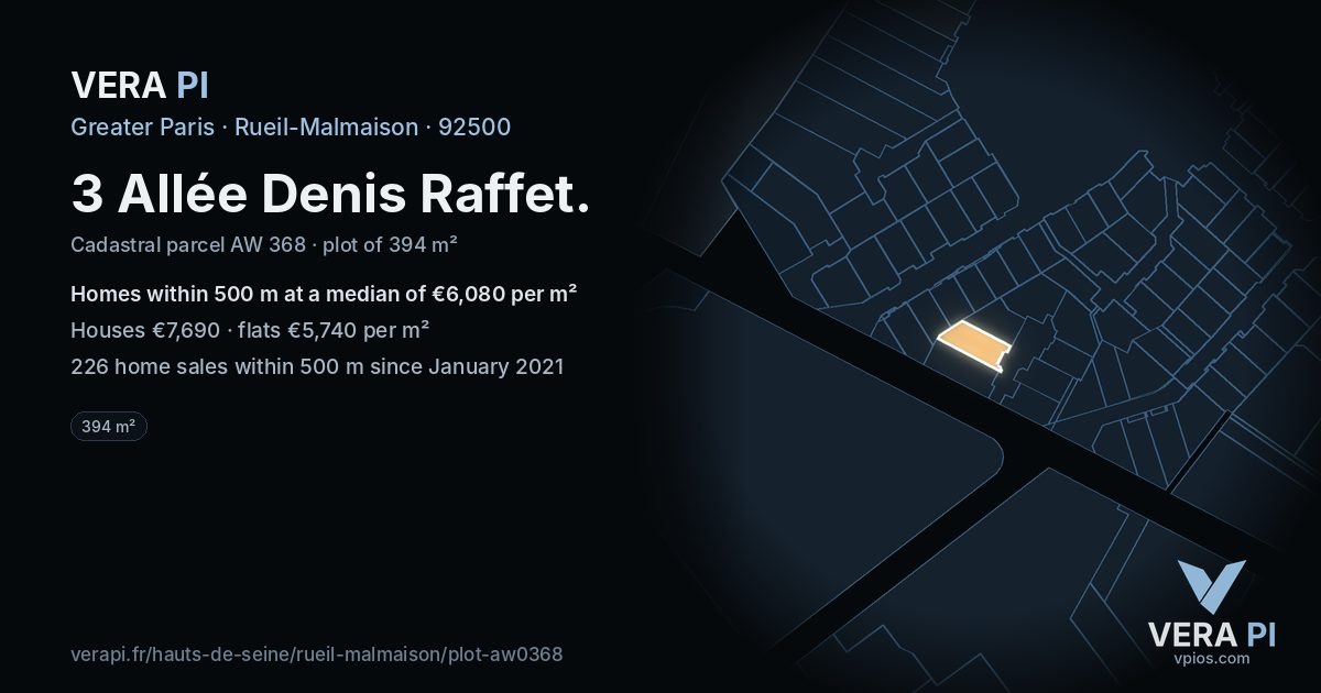 3 Allée Denis Raffet, Rueil-Malmaison at night – the plot lit, the parcels around coloured by the prices near them