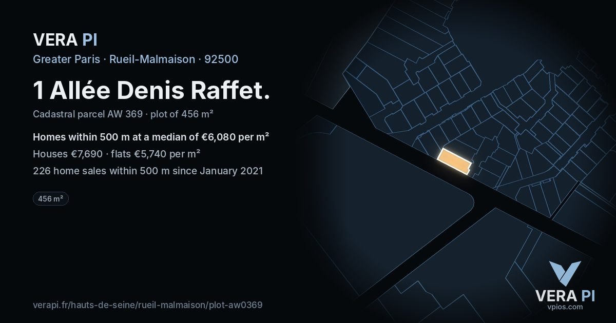 1 Allée Denis Raffet, Rueil-Malmaison at night – the plot lit, the parcels around coloured by the prices near them