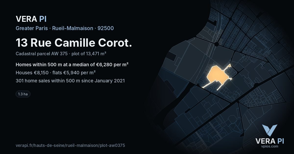 13 Rue Camille Corot, Rueil-Malmaison at night – the plot lit, the parcels around coloured by the prices near them