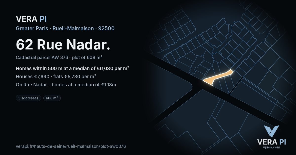 62 Rue Nadar, Rueil-Malmaison at night – the plot lit, the parcels around coloured by the prices near them