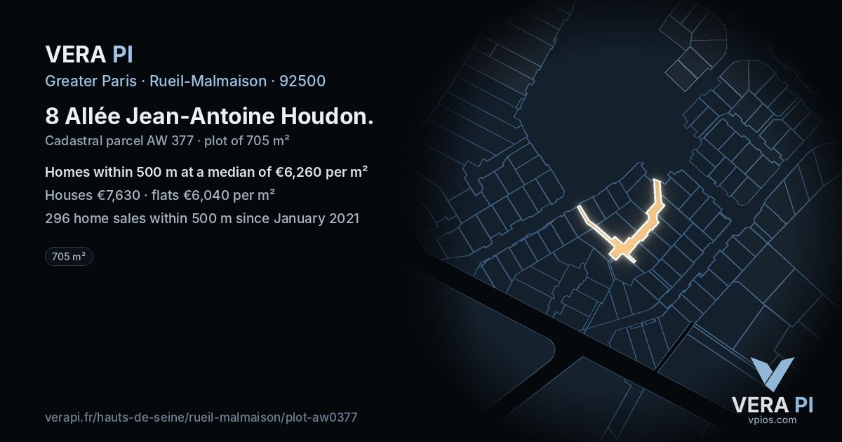 8 Allée Jean-Antoine Houdon, Rueil-Malmaison at night – the plot lit, the parcels around coloured by the prices near them