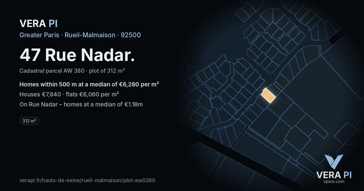 47 Rue Nadar, Rueil-Malmaison at night – the plot lit, the parcels around coloured by the prices near them
