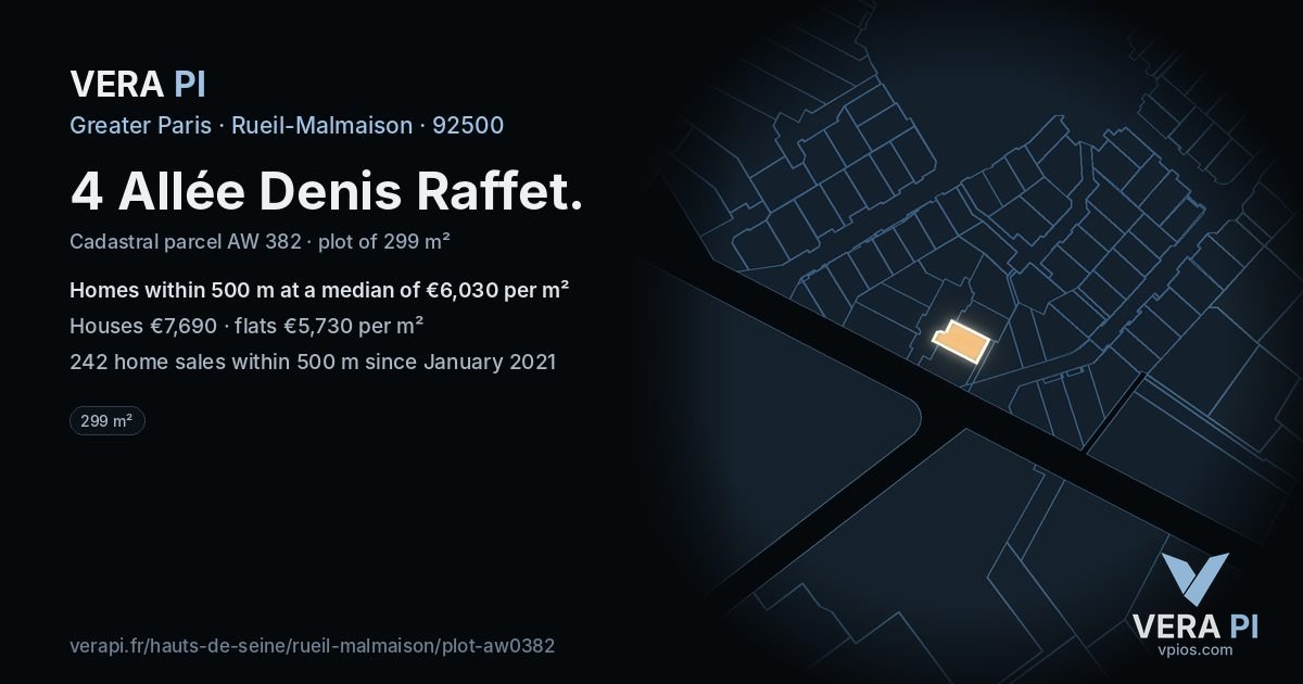 4 Allée Denis Raffet, Rueil-Malmaison at night – the plot lit, the parcels around coloured by the prices near them