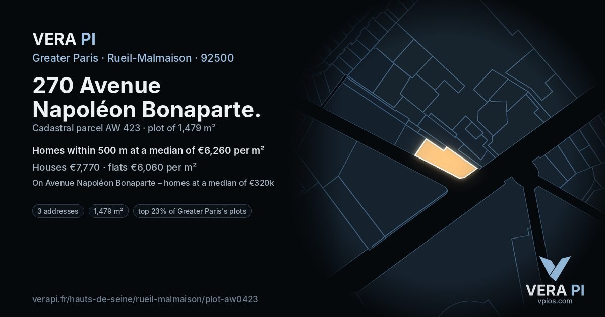 270 Avenue Napoléon Bonaparte, Rueil-Malmaison at night – the plot lit, the parcels around coloured by the prices near them