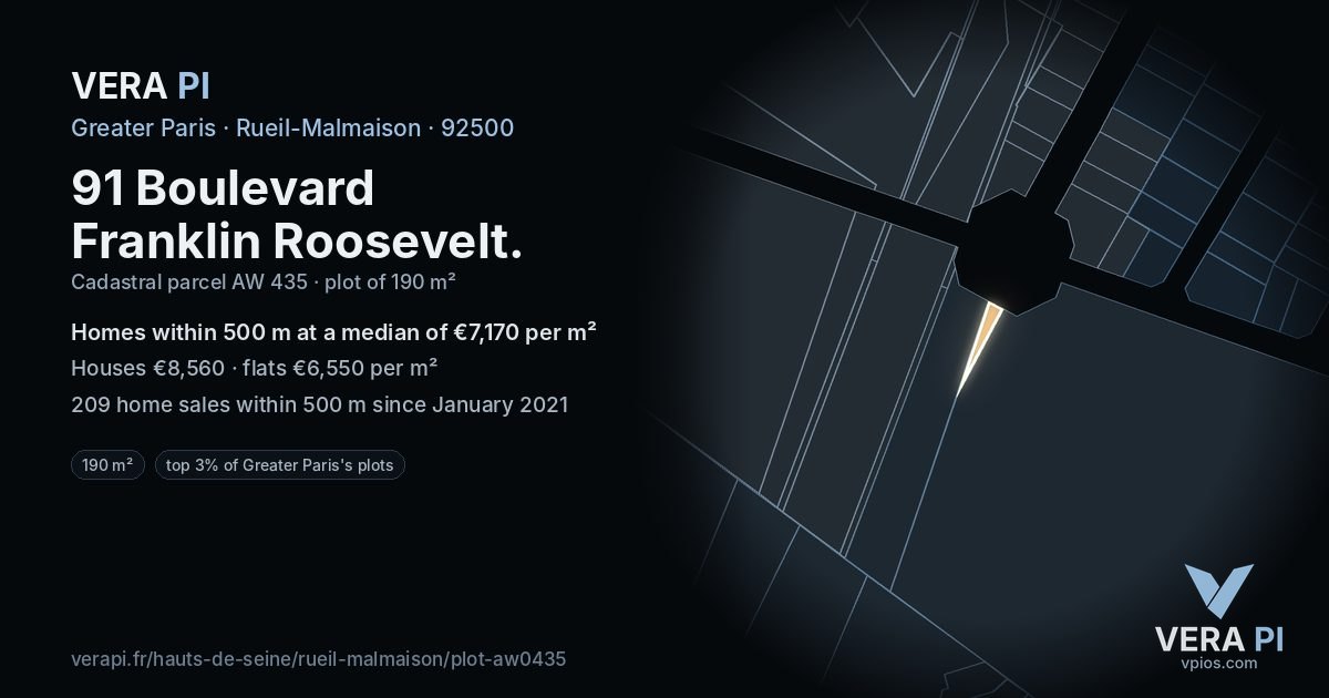 91 Boulevard Franklin Roosevelt, Rueil-Malmaison at night – the plot lit, the parcels around coloured by the prices near them