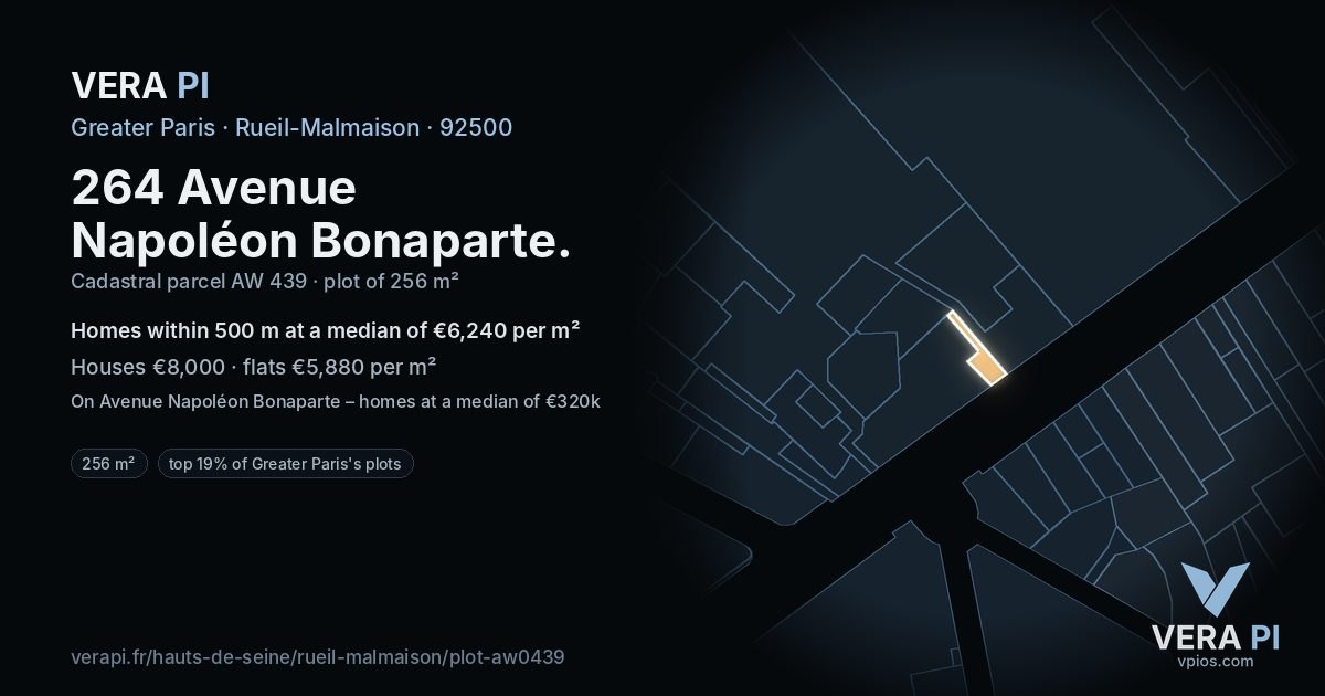 264 Avenue Napoléon Bonaparte, Rueil-Malmaison at night – the plot lit, the parcels around coloured by the prices near them