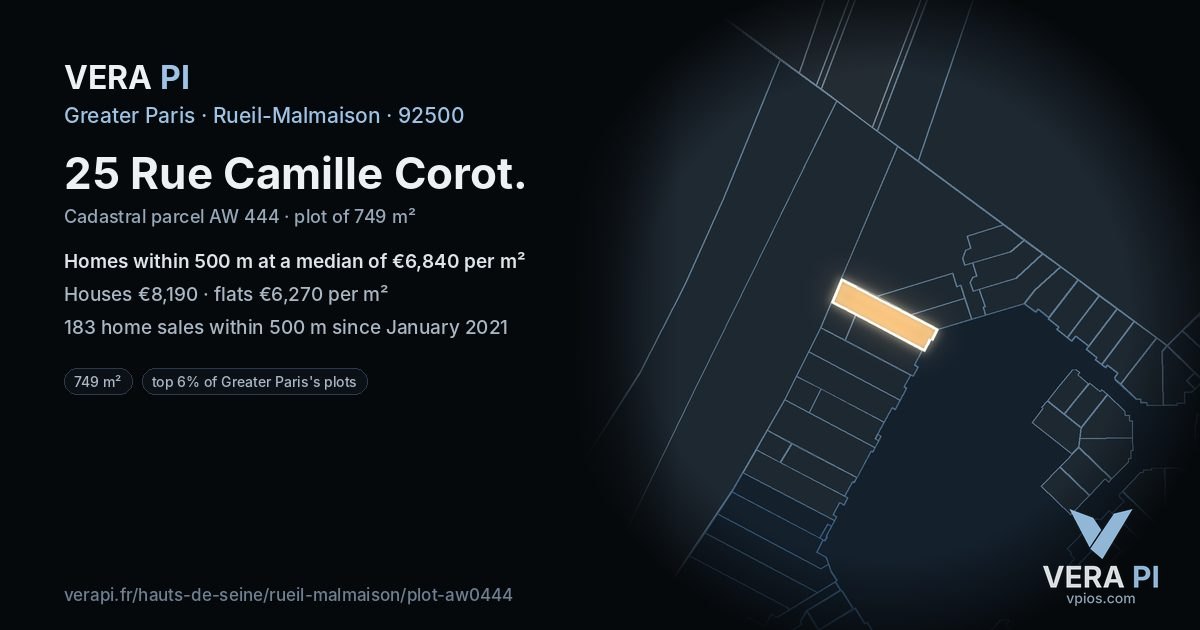 25 Rue Camille Corot, Rueil-Malmaison at night – the plot lit, the parcels around coloured by the prices near them
