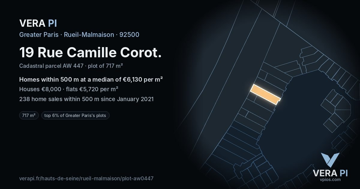 19 Rue Camille Corot, Rueil-Malmaison at night – the plot lit, the parcels around coloured by the prices near them