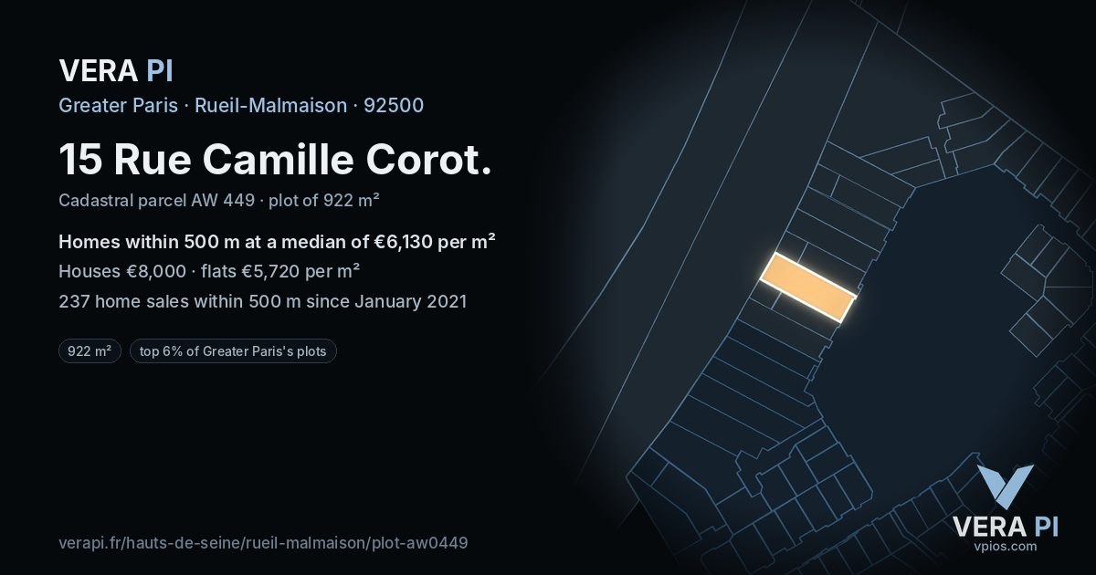 15 Rue Camille Corot, Rueil-Malmaison at night – the plot lit, the parcels around coloured by the prices near them
