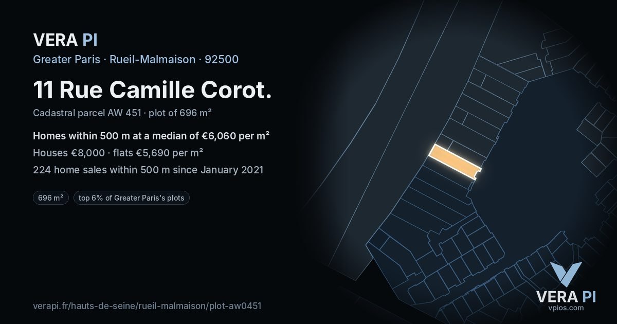 11 Rue Camille Corot, Rueil-Malmaison at night – the plot lit, the parcels around coloured by the prices near them
