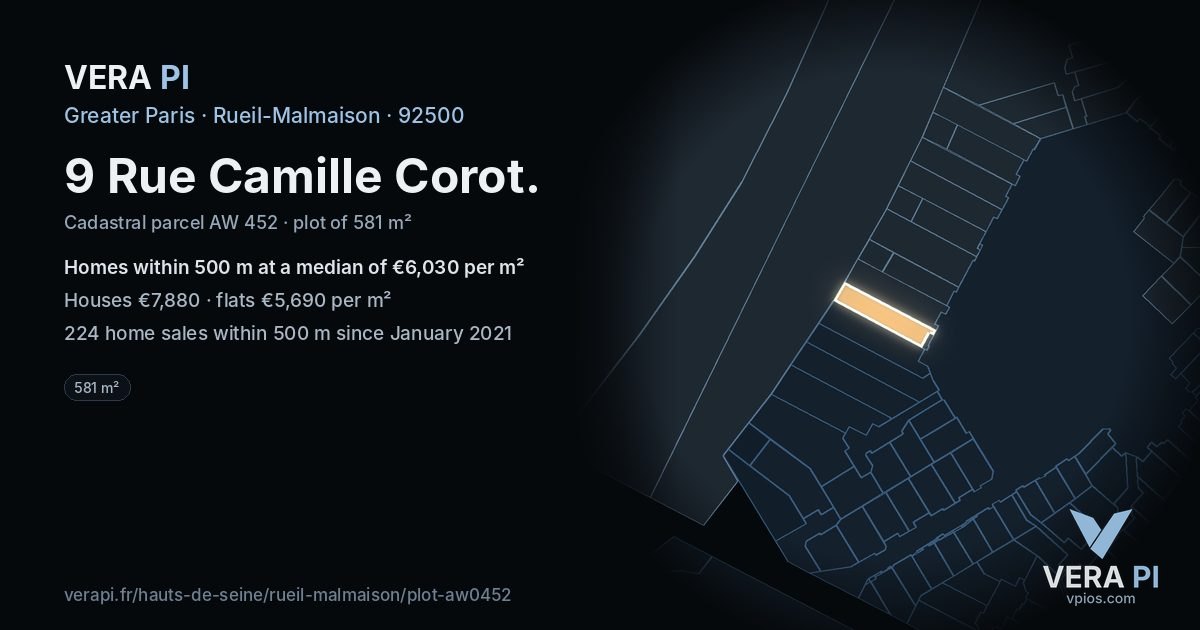 9 Rue Camille Corot, Rueil-Malmaison at night – the plot lit, the parcels around coloured by the prices near them